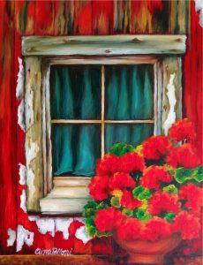 Red Geraniums on a Red House