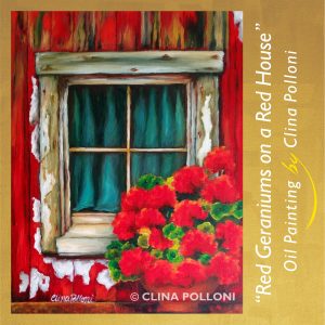 Red Geraniums on a Red House by Clina Polloni.