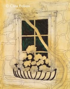Red Geraniums in a Stone House Window Under-Paint
