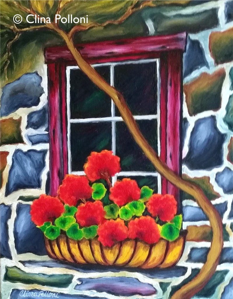 Red Geraniums in a Stone House Window