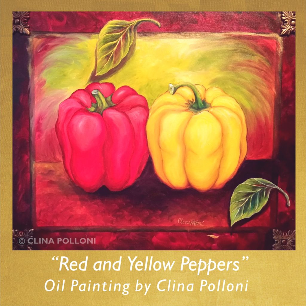 Red and Yellow Peppers With Leaves by Clina Polloni.