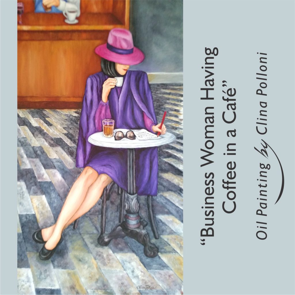 Business woman having coffee in a café painting