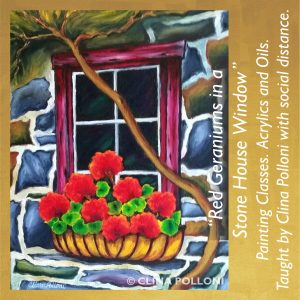 Painting Class-Red Geraniums in a Stone House Window