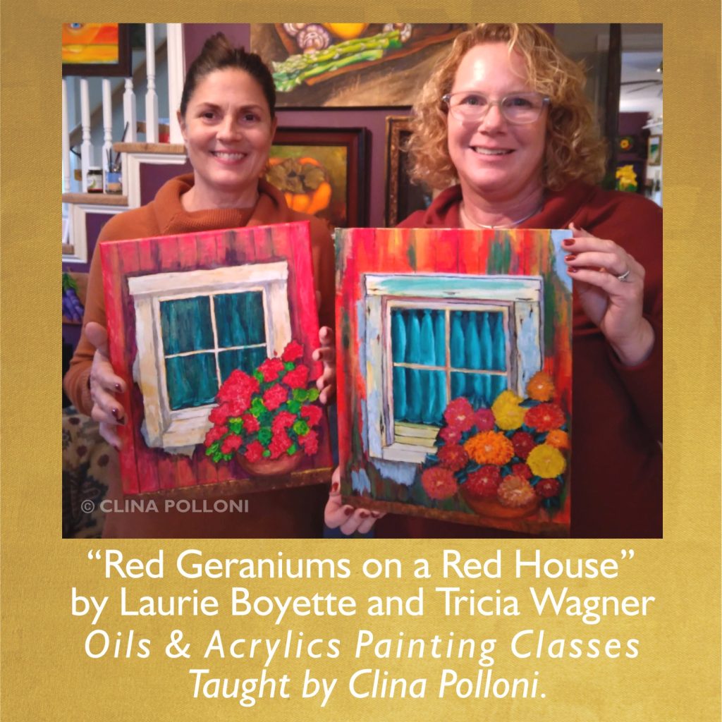 Laurie Boyette-Tricia Wagner-Geraniums on a Red House-Painting Class acrylics oils.