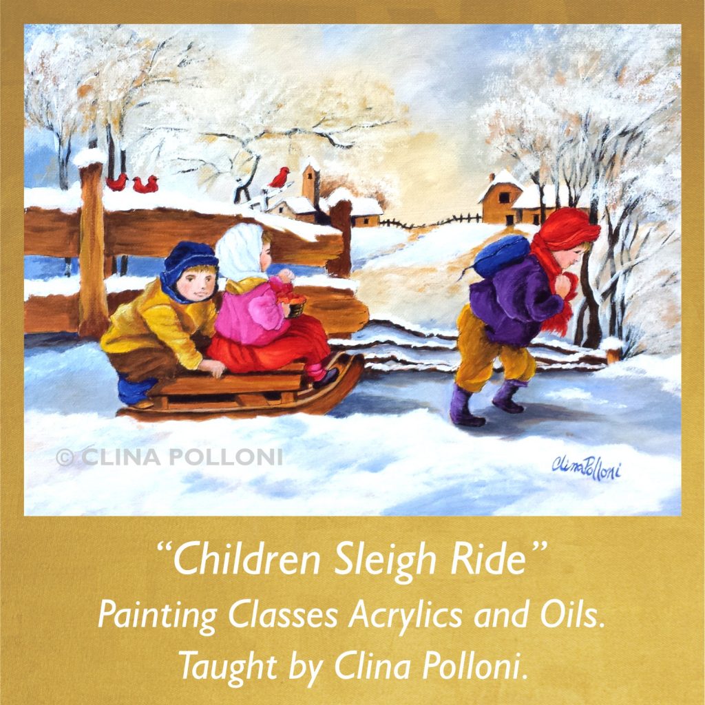 Painting Class acrylics oils-Children Sleigh Ride.