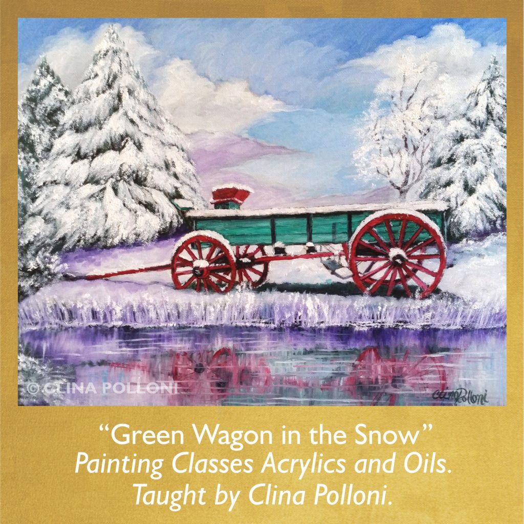 Green Wagon in the Snow-Painting Class Oils Acrylics.