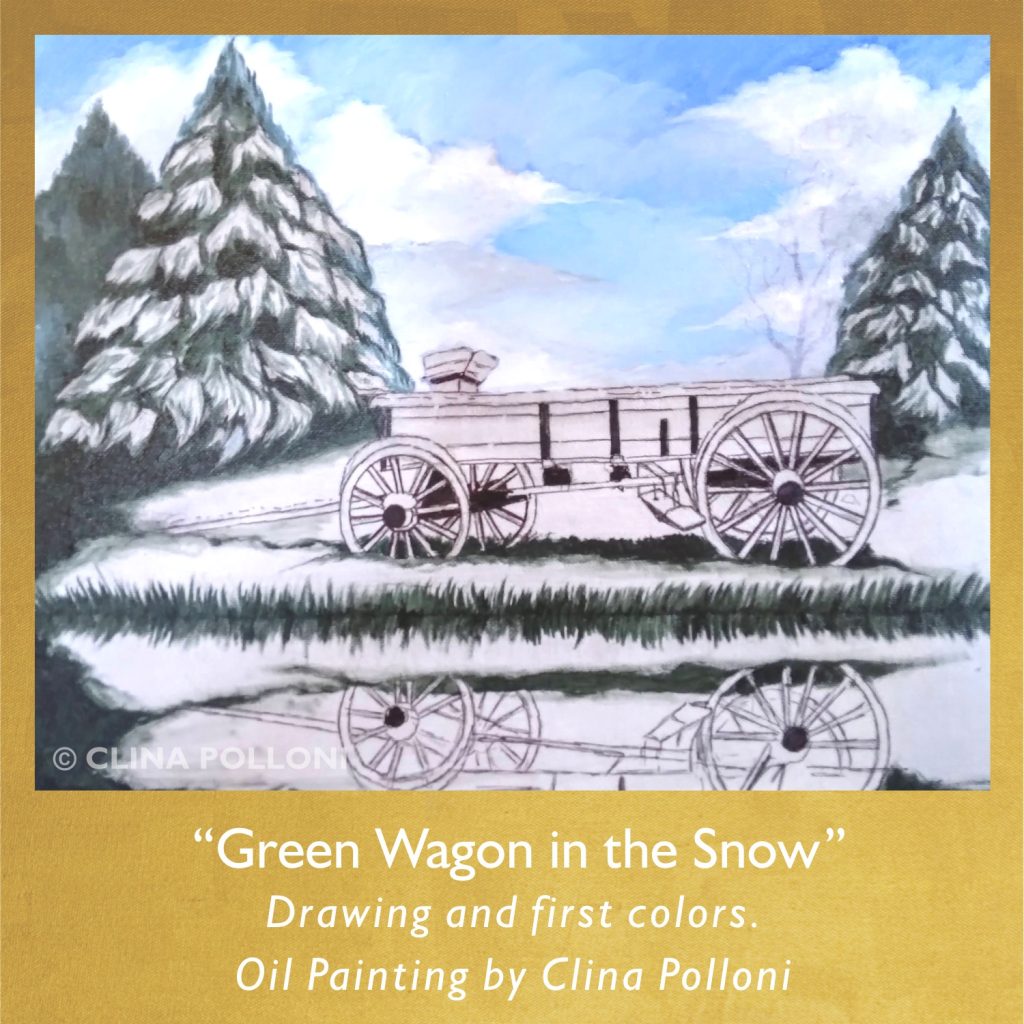 Green Wagon in the Snow Painting-Step 1.