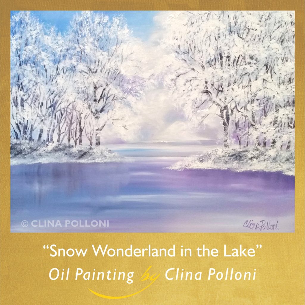 Snow Wonderland in the Lake-Oil Painting by Clina Polloni.