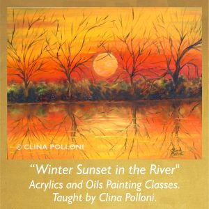 Painting Class-acrylics oils-Winter Sunset in the Lake.
