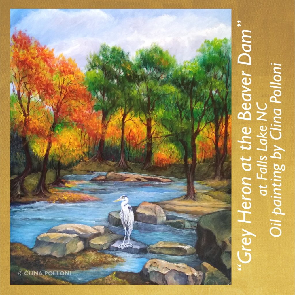 Grey Heron at the Beaver Dam-Oil Painting by Clina Polloni.