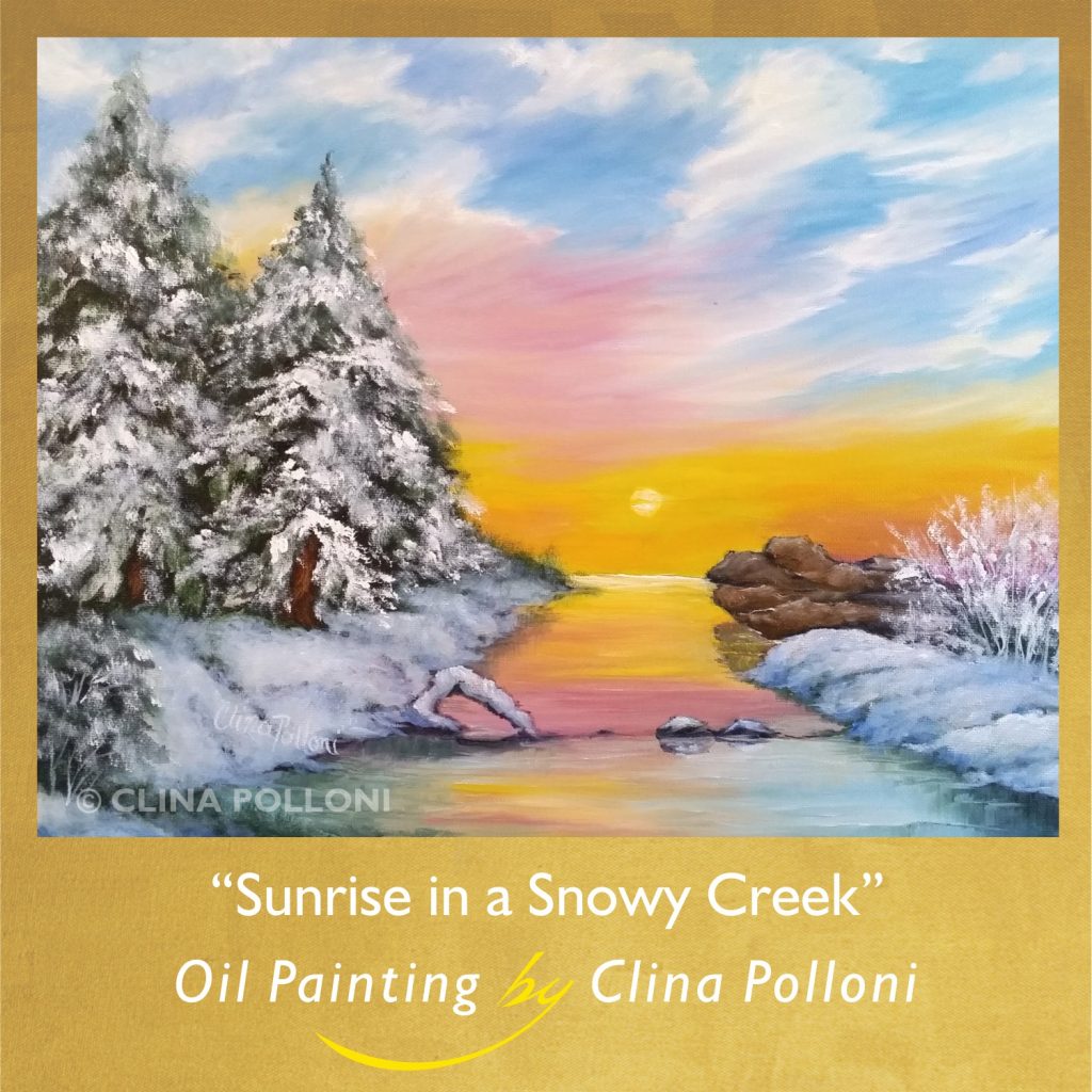 Sunrise in a Snowy Creek-Oil painting by Clina Polloni.