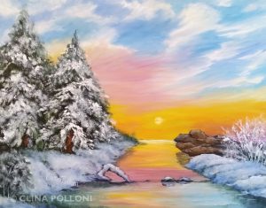 Sunrise in a Snowy Creek-Oil painting by Clina Polloni.